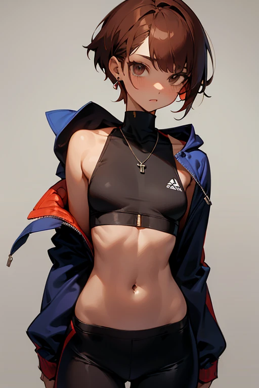 Cute girl in a hoodie、Belly button、Shoulder、slender、Tight clothing、Pixie Cut、Sporty、Grown-up、24-years-old、Red-brown hair、Accentuated breasts、Brown Skin、Earrings、Simple Necklace