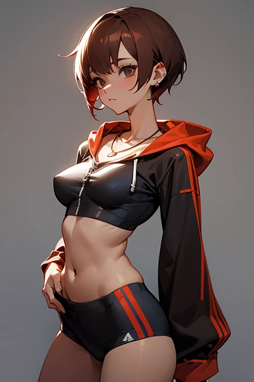 Cute girl in a hoodie、Belly button、Shoulder、slender、Tight clothing、Pixie Cut、Sporty、Grown-up、24-years-old、Red-brown hair、Accentuated breasts、Brown Skin、Earrings、Simple Necklace