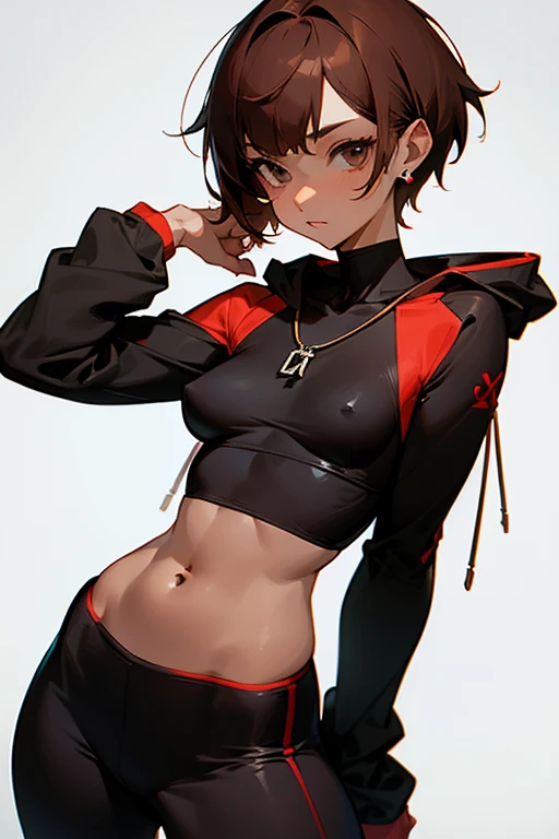 Cute girl in a hoodie、Belly button、Shoulder、slender、Tight clothing、Pixie Cut、Sporty、Grown-up、24-years-old、Red-brown hair、Accentuated breasts、Brown Skin、Earrings、Simple Necklace