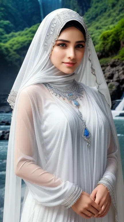 There is a goddess in a white hijab and veil, wear a saphire necklace, (detailed face), ((an outstanding scene of waterfall in a mystical land as a background)), (detailed detail, ultra sharp, best quality, masterpiece), 