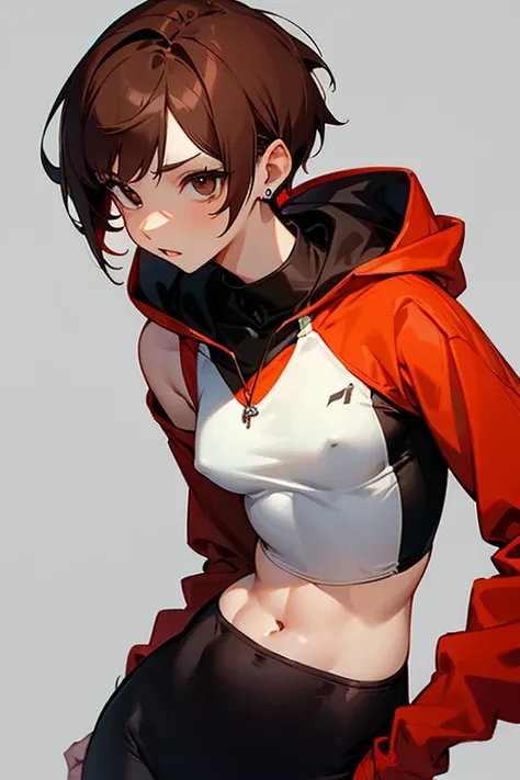 Cute girl in a hoodie、Belly button、Shoulder、slender、Tight clothing、Pixie Cut、Sporty、Grown-up、24-years-old、Red-brown hair、Accentuated breasts、Brown Skin、Earrings、Simple Necklace