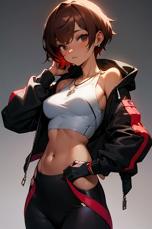 Cute girl in a hoodie、Belly button、Shoulder、slender、Tight clothing、Pixie Cut、Sporty、Grown-up、24-years-old、Red-brown hair、Accentuated breasts、Brown Skin、Earrings、Simple Necklace