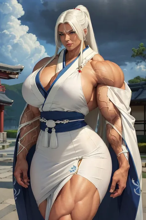 (((((Massive tall, beautiful, buff, brown skinned muscular woman with white hair, blue eyes, ginormous bulky muscles and wearing a beautiful white long Traditional kimono with long pencil skirt))))), close view, long Traditional kimono, massive muscles, ma...