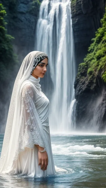 There is a goddess in a white hijab and veil walk in the water, wear a saphire necklace, (detailed face), ((an outstanding scene of waterfall in a mystical land as a background)), (detailed detail, ultra sharp, best quality, masterpiece), 