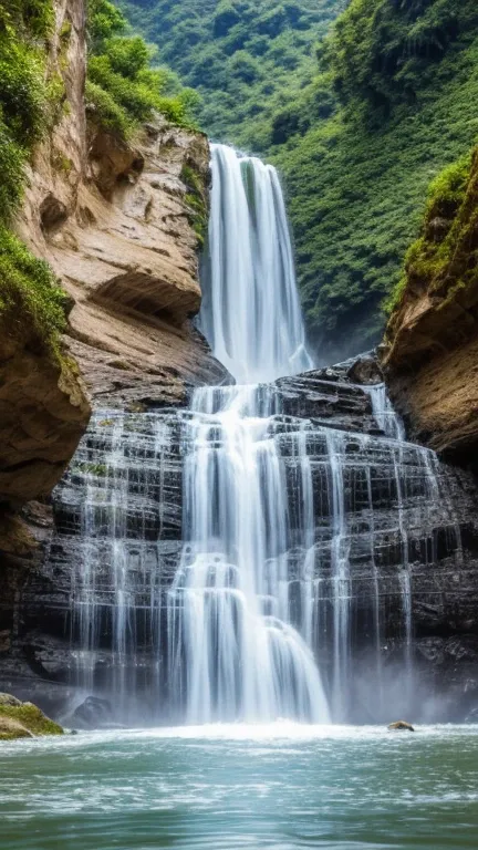 There is a goddess in a white hijab and veil walk in the water, wear a saphire necklace, (detailed face), ((an outstanding scene of waterfall in a mystical mountains as a background)), (detailed detail, ultra sharp, best quality, masterpiece), 