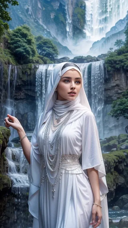 There is a goddess in a white hijab and veil, wear a saphire necklace, (detailed face), ((an outstanding scene of waterfall in a mystical mountains as a background)), (detailed detail, ultra sharp, best quality, masterpiece), 