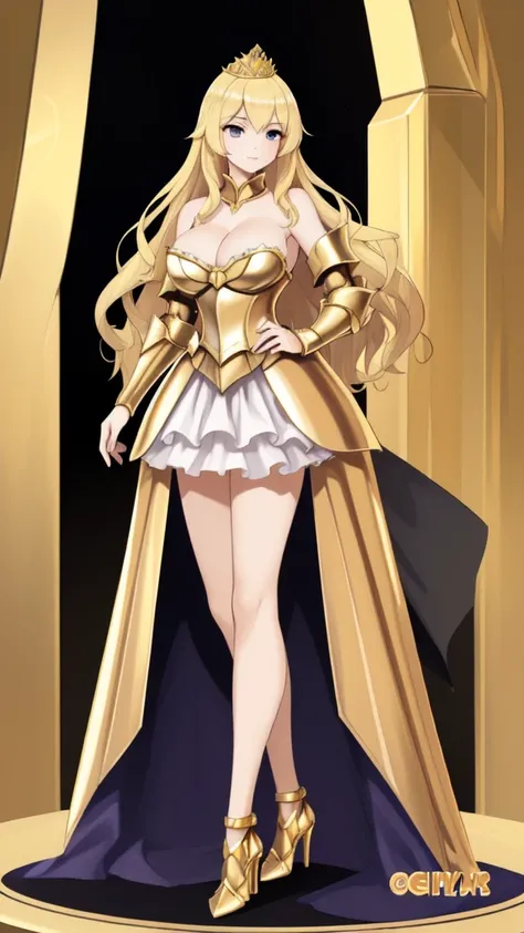 Blonde Queen Gold Tiara， armor，cleavage，High heels standing castle