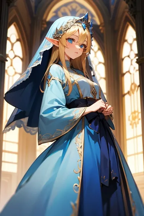 Wearing a blue dress and a veil、Blonde woman with a veil on her head, Beautiful fantasy maiden, High Elf, Blonde Princess,  Beautiful maiden,