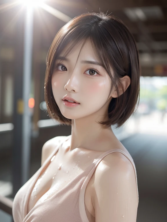 Tabletop, highest quality, Realistic, Very detailed, finely, High resolution, 8k wallpaper, Cinema Lighting、1 person、Beautiful Japanese Women、30 years old、light brown straight bob hair, Wearing a business suit, (Blurred Background、Station platform、noon、Lig...