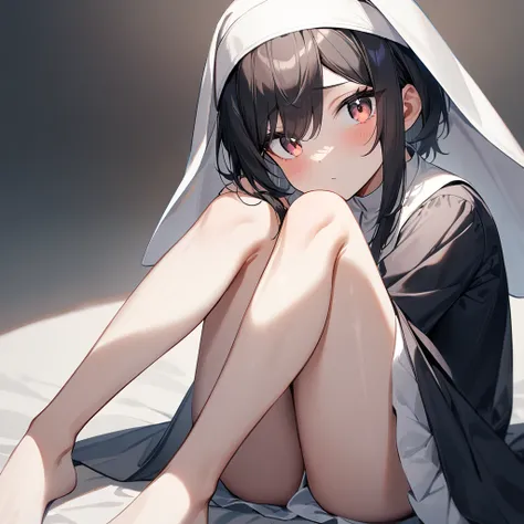 1girl,habit,shy,short_hair_with_long_locks,looking at viewer,together,black hair,Slit pupil,High lightness,best quality, very aesthetic,absurdres,hair,highlights,androgynous,knees up,Bare legs