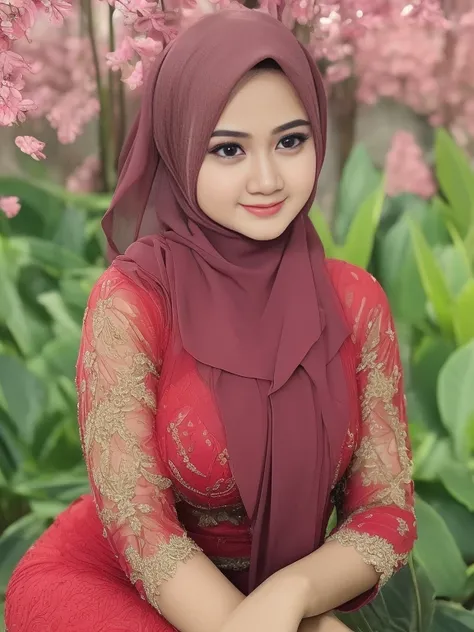 RAW, Best quality, high resolution, Masterpiece: 1.3), Beautiful Malay woman in hijab, Masterpiece, Perfect slim body, (Big breasts), Beautiful big eyes, Soft smile, Masterpiece:1.2, Best quality), Realistic, (Real picture, Intricate details, Depth of fiel...