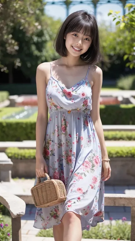 masterpiece, highest quality, disorganized, perfect anatomy, 1 girl, alone, pascal tales, short hair, beautiful, Hilarious, sunny day, botanical garden, Summer winds, sundress, Floral, wavy hair, smile、