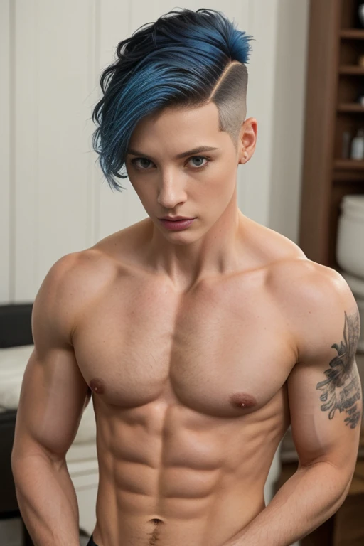 female Jessica Chastain Face,  

(((Masculine manly fit lean body manly flat chested with pussy female face:1.5))),

Hair: (hair colour fully blue:1.5), (((short parting undercut hair shaved fade:1.3))), shaved sides head,

Only feminine beautiful girl hea...