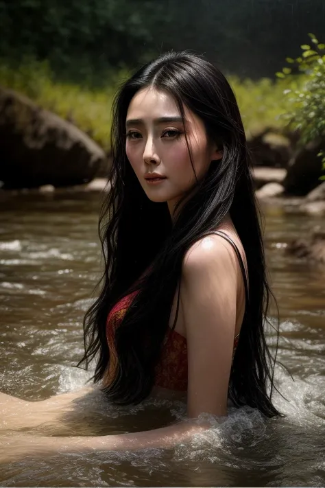 close up portrait of a  Chinese actress Fan Bingbing with long black hair bathing in a river, reedacklighting), realistic, masterpiece, highest quality, lens flare, shade, bloom, [[chromatic aberration]], by Jeremy Lipking, by Antonio J. Manzanedo, digital...