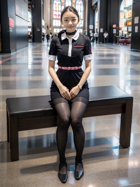 masterpiece, best quality, 1 girl, solo, 16 years old, (flat chest:1.3),skinny, Perfect Face, beautiful, extremely long hair, jal uniform, church, black pantyhose, pink lace panty, panties under pantyhose, japanese, (skirt lift:1.1), (show off panties:1.1)...