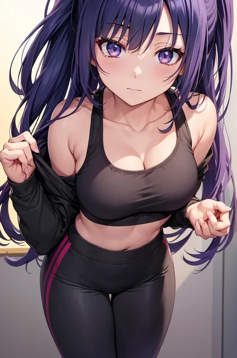 1girl, 1girl hinata full body, Hinata Hyuga, Hinata Hyuga naruto shippuden, hyuga hinata, (anime: naruto), adorable, female body, perfect body, fullbody, lavender gentle eyes, dark blue hair, dark blue long hair, beautiful, perfect body, gym clothes, flex ...