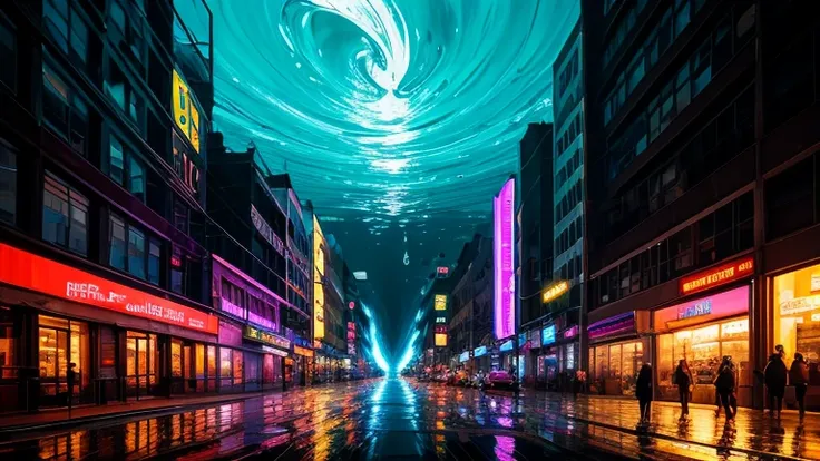 ((Liquid Metal)),  darkness, (((Fluid))), (((fluid))), Cityscape, technical, Mechanical, Gloss, Melting, Glitch, Digital, Fluorescent color, neon, (wonder), 