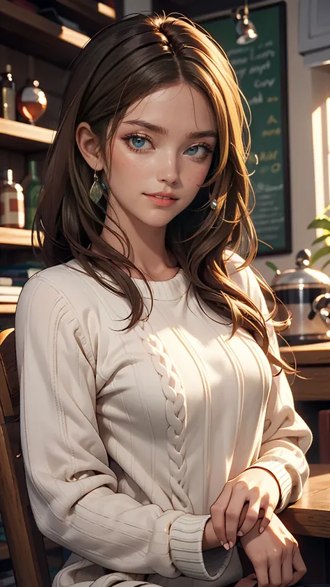 Beautifully detailed、High resolution portrait masterpiece of a girl with long hair。, Shiny brown hair and captivating green eyes, Wear a cozy sweater、She has a gorgeous smile that accentuates her small but perfectly shaped breasts..