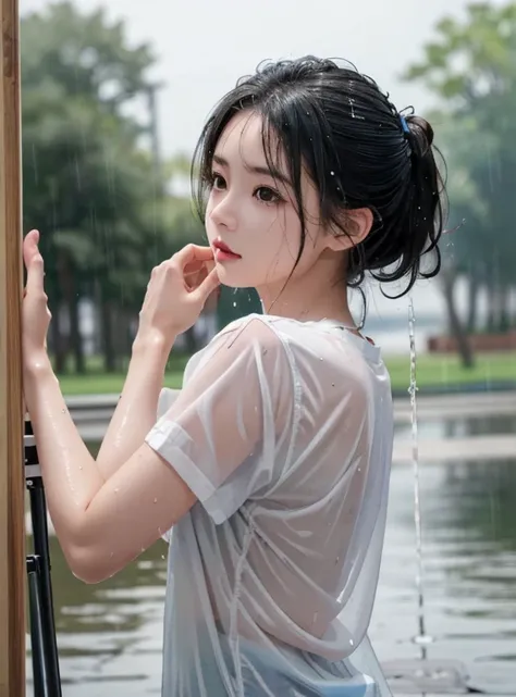 (black eyes),
(masterpiece, best quality:1.4),(photoPractical:1.4)(Practical, photo-Practical:1.4),,16K Ultra HD,Ultra-high resolution,Raw,HDR,,rain,Wet hair,wet clothes