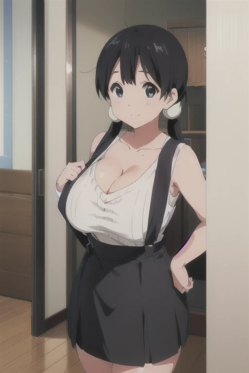 (((Pixel Perfect, Perfect in every detail))), alone, One girl, tamako kitashirakawa, , View Viewer, smile, （Huge breasts:1.5）、(White sleeveless knit sweater、Cleavage-revealing tops、Black long tight skirt)、((suspender skirt:1.2))