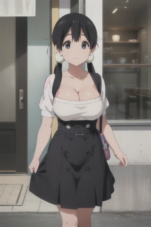 (((Pixel Perfect, Perfect in every detail))), alone, One girl, tamako kitashirakawa, , View Viewer, smile, （Huge breasts:1.5）、(White short sleeve knit sweater、Cleavage-revealing tops、Black long tight skirt)、suspender skirt