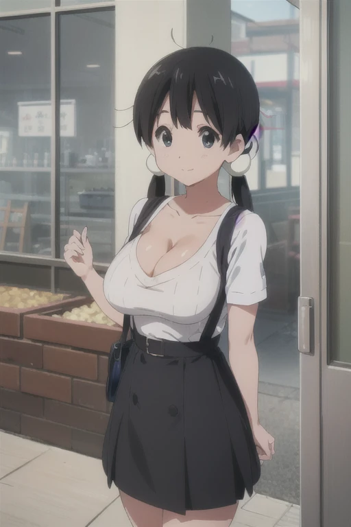 (((Pixel Perfect, Perfect in every detail))), alone, One girl, tamako kitashirakawa, , View Viewer, smile, （Huge breasts:1.5）、(White short sleeve knit sweater、Cleavage-revealing tops、Black long tight skirt)、suspender skirt