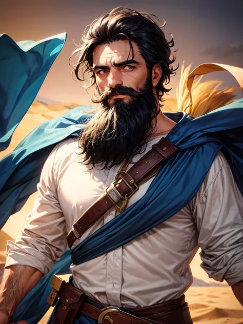 RAW Photo Illumination, portrait photo of a 35 year old man with slightly curly black hair, beard and moustache, face looking very firm and dignified with glowing blue eyes in full desert clothing, holding a sickle-shaped sword handle, night, desert, sand ...