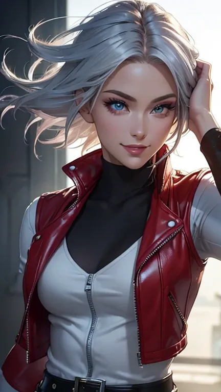 (best quality,ultra-detailed,photo-realistic:1.37),bright and vibrant colors,studio lighting,playful expression,stylish makeup, Red Leather Vest, Silver hair flowing in the wind,alluring eyes,glossy lips,sexy pose, smiling in a confident and seductive way,...