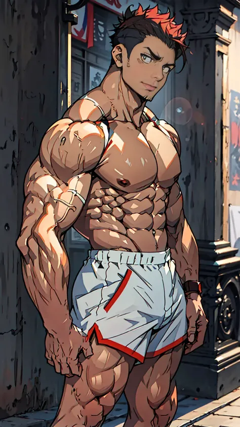 (A corner of the photo from bottom to top) (Highest quality images) Lion Man ,real, young, , Wearing shorts, Crotch protrusion, Anime Character, Standing on the ground, Legs open, male face, bonito rosto young, Undercut Hair, Huge chest muscles, 大腿muscular...