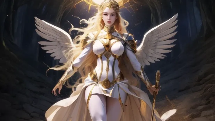 ((best quality)), ((masterpiece)), (detailed), powerful female warriors,white goddess, white long hair, soft gaze,action， full b...