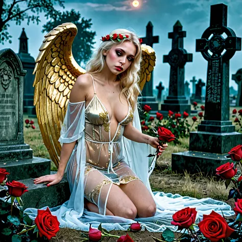 masterpiece, best quality, topless scared sinful angel with a large nipples under a sheer nightdress, kneeling pose, gold hair, looking at viewer, adult, holding red roses, ancient cemetery, horror