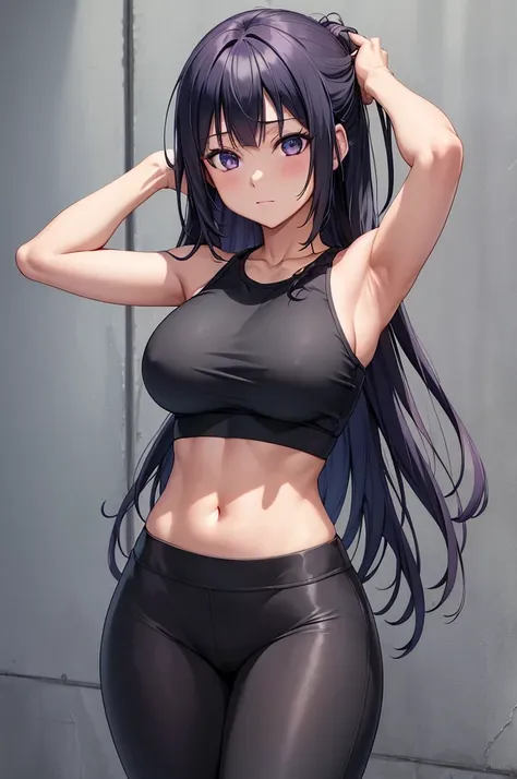 1girl, 1girl hinata full body, Hinata Hyuga, Hinata Hyuga naruto shippuden, hyuga hinata, (anime: naruto), adorable, female body, perfect body, fullbody, lavender gentle eyes, dark blue hair, dark blue long hair, beautiful, perfect body, gym clothes, flex ...