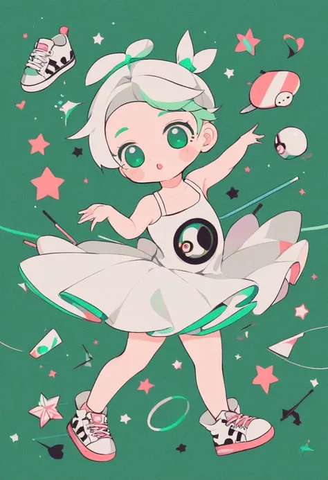 simple,blankspace,pop design,minimal,girl dancing ballet,dress,sneakers, cute baby,neo-pop style illustrations, emerald-green ba...