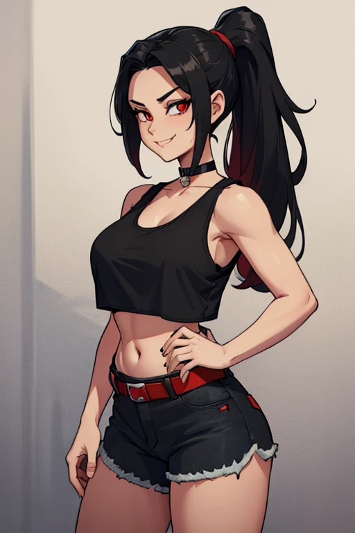 female, silver long hair in ponytail, red eyes, (((1girl))), (((red cropped tank top))), (black denim jeans), (black sneakers), (black belt), (black choker), cute and sexy, full body, large breasts, large butt, long legs, smiling