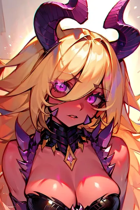 Masterpiece, best quality, expressive eyes, perfect face, 1girl, solo, breasts, horns, blonde hair, long hair, magenta eyes