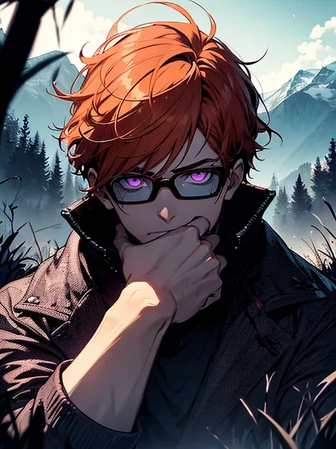 (masterpiece, best quality:1.4), cinematic light, colorful, high contrast, mountain, grass, tree, night, (horror (theme):1.2), (monster:1.2), dark, male character with orange haired and purple eyes with glasses