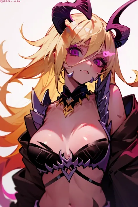 Masterpiece, best quality, expressive eyes, perfect face, 1girl, solo, breasts, horns, blonde hair, long hair, magenta eyes