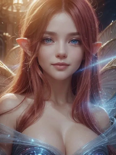 (Best quality, 4k, High-resolution, Masterpiece:1.2), Ultra-detailed, Realistic, Radiant lighting, Epoch Elves, Red Hair, Dodger Blue Eyes, Fantastical colors, Fine art, Ethereal beings, Dreamlike, Whimsical creatures, Detailed facial features, Glowing eye...