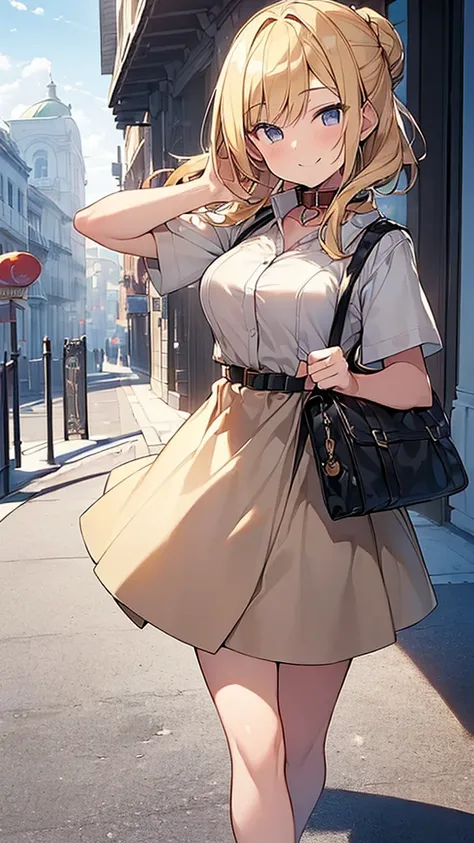 (Masterpiece, Top quality: 1.5), 1 beautiful girl, blond, walking,  (Short sleeve dress with collar :1.3) ,  blond hair, medium hair, tying a bun back, Hair swaying in the wind, (15 year old:1.2), medium breasts, standard weight, one knapsack, (smile:1.5),...