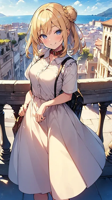 (Masterpiece, Top quality: 1.5), 1 beautiful girl, blond, walking,  (Short sleeve dress with collar :1.3) ,  blond hair, medium hair, tying a bun back, Hair swaying in the wind, (15 year old:1.2), medium breasts, standard weight, one knapsack, (smile:1.5),...