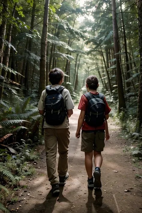 Two children setting off on a forest path - A young boy and his sister, dressed in casual adventure clothes, standing at the edge of a dense forest, ready to embark on their journey.