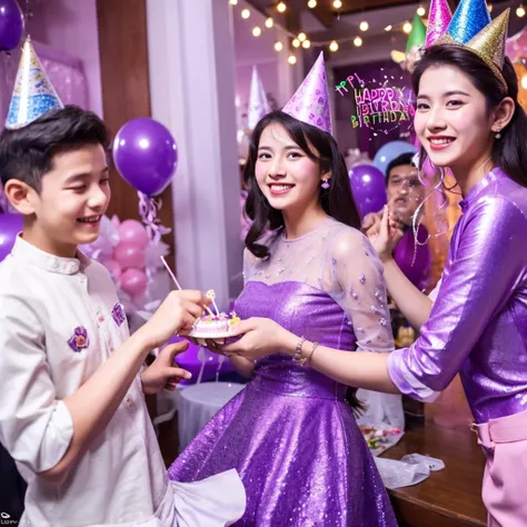 Birthday party in a woman and boy ,a wearing dress purple, smile,cake birthday font RIANI