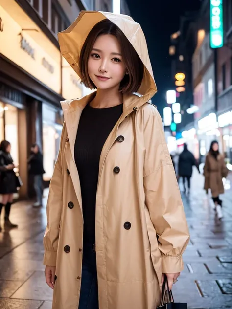 masterpiece, highest quality, High resolution,alone,Brown Hair,artistic,Best lighting,casual,Flat Chest,Beautiful Face,expensive,smile,light makeup,Age 25,Calm woman,Detailed Hair,Laughing woman,Bob Cut Hair,Woman in raincoat,outside,night,Shopping Street