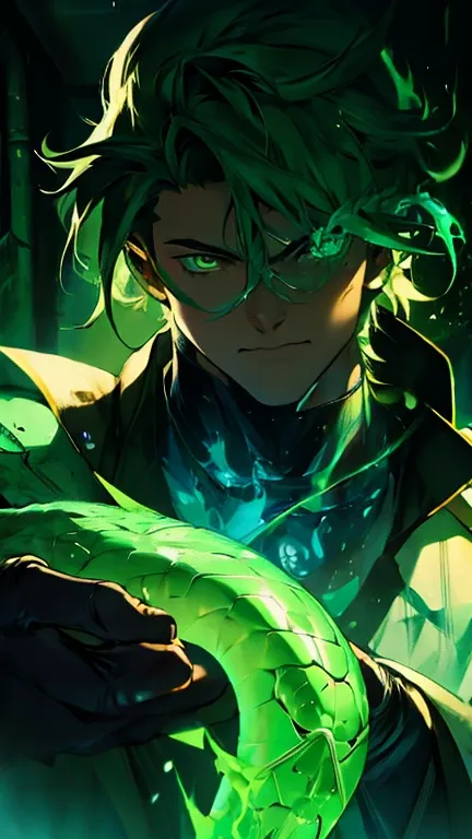 anime character with a green glow and a white snake, from cryptid academia, he has a glow coming from him, harry potter in cyber...