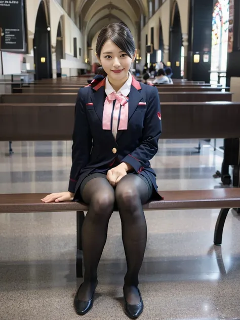 masterpiece, best quality, 1 girl, solo, 16 years old, (flat chest:1.3),skinny, Perfect Face, beautiful, extremely long hair, jal uniform, church, black pantyhose, pink lace panty, panties under pantyhose, japanese, (skirt lift:1.1), (show off panties:1.1)...