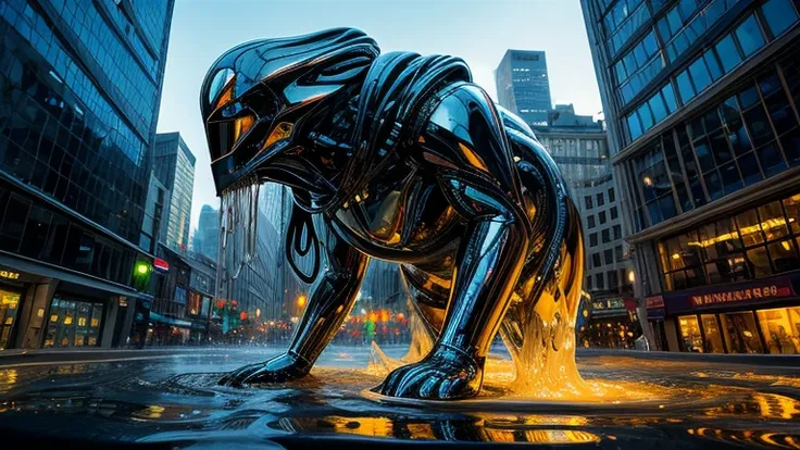 ((Liquid Metal)), (((Fluid))), ((fluid)), Gloss, Melting,  (wonder), (metallic), ((Mysterious Lifeform)), Creepy, In harmony with the city, Dynamic pose