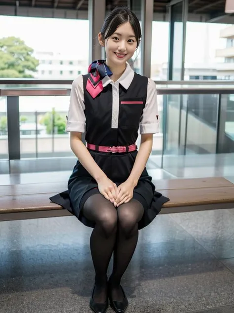 masterpiece, best quality, 1 girl, solo, 16 years old, (flat chest:1.3),skinny, Perfect Face, beautiful, extremely long hair, jal uniform, church, black pantyhose, pink lace panty, panties under pantyhose, japanese, (skirt lift:1.3), (show off panties:1.3)...