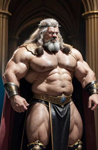  Hyperrealistic image of an elderly Saxon king superhero jumping in the air with very long gray hair wearing a large gold and diamond crown An angry super heavyweight bodybuilder flexing his muscles. Un culturista obeso de cuerpo completo con un cuerpo muy...