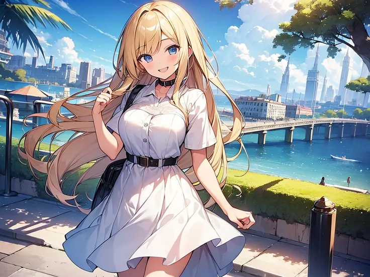 (Masterpiece, Top quality: 1.5), back shot, 1 beautiful girl, solo, blond,  (Short sleeve dress with collar :1.3) ,  blond hair, long hair, wave hair, Hair swaying in the wind, (15 year old:1.2), medium breasts, standard weight, one knapsack, (smile:1.5), ...