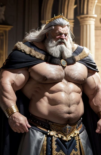  Hyperrealistic image of an elderly Saxon king superhero jumping in the air with very long gray hair wearing a large gold and diamond crown An angry super heavyweight bodybuilder flexing his muscles. Un culturista obeso de cuerpo completo con un cuerpo muy...